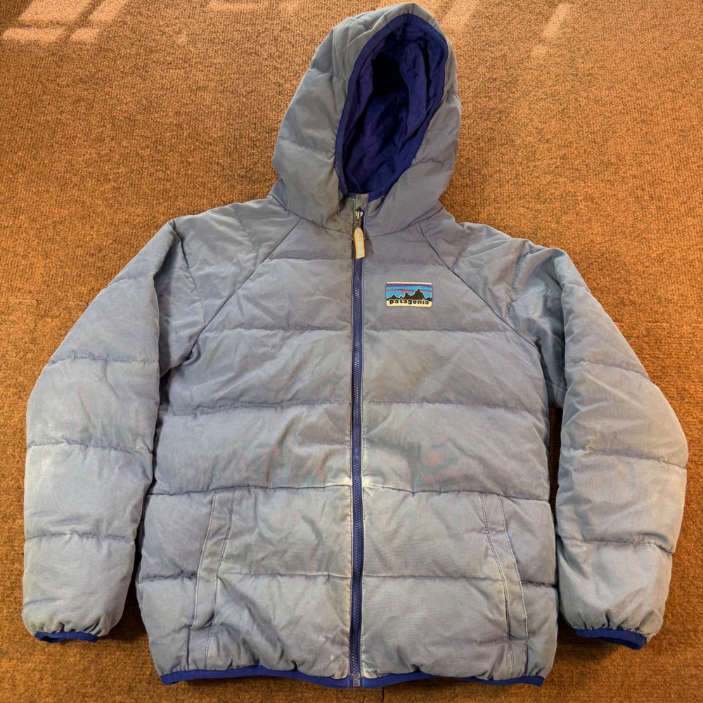Patagonia Kids Hi-Loft Down Hoody Puffer Jacket Blue Size M 10 68407 Y2K Style